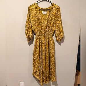 By Anthropologie Metallic Leopard Pleated Midi Dress Smocked Waist Gold XS